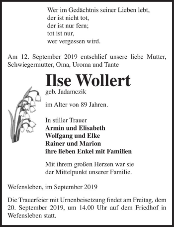 Traueranzeige von Ilse Wollert (geb. Jadamczik)  von Magdeburger Volksstimme