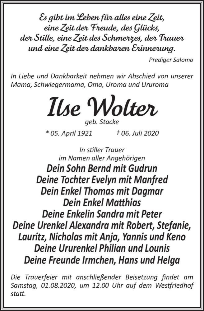  Traueranzeige für Ilse Wolter (geb. Stacke)  vom 11.07.2020 aus Magdeburger Volksstimme