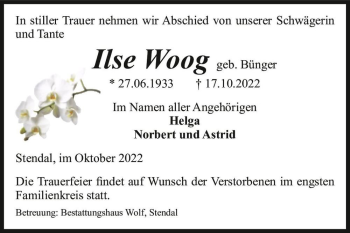 Traueranzeige von Ilse Woog (geb. Bünger)  von Magdeburger Volksstimme