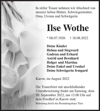 Traueranzeige von Ilse Wothe  von Magdeburger Volksstimme