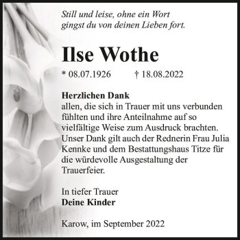 Traueranzeige von Ilse Wothe  von Magdeburger Volksstimme