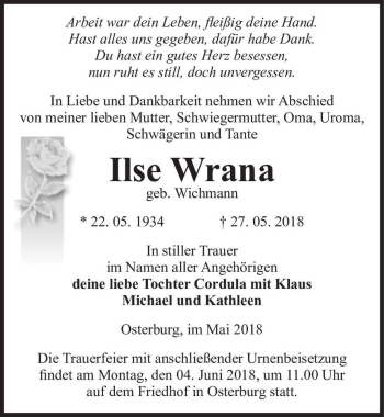 Traueranzeige von Ilse Wrana (geb. Wichmann)  von Magdeburger Volksstimme