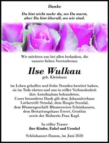Traueranzeige von Ilse Wulkau (geb. Kleinhan)  von Magdeburger Volksstimme