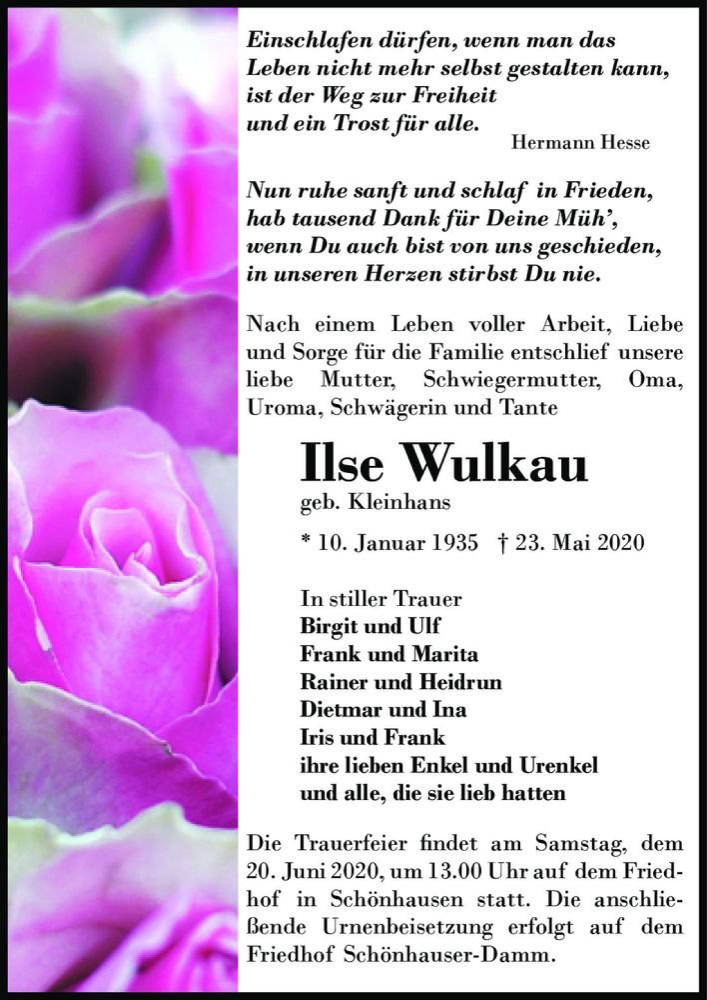  Traueranzeige für Ilse Wulkau (geb. Kleinhans)  vom 30.05.2020 aus Magdeburger Volksstimme
