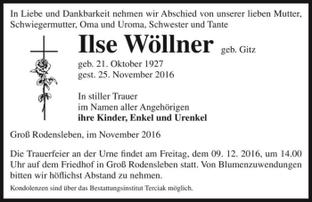 Traueranzeige von Ilse Wöllner (geb. Gitz)  von Magdeburger Volksstimme