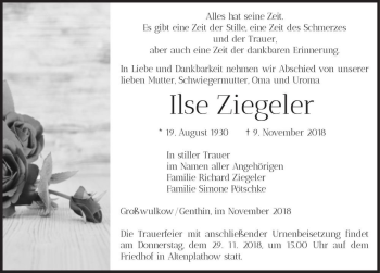 Traueranzeige von Ilse Ziegeler  von Magdeburger Volksstimme