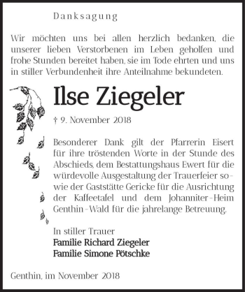 Traueranzeige von Ilse Ziegeler  von Magdeburger Volksstimme