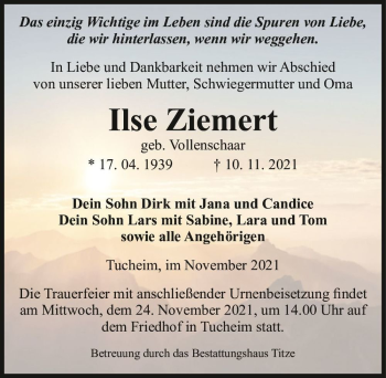 Traueranzeige von Ilse Ziemert (geb. Vollenschaar)  von Magdeburger Volksstimme