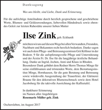 Traueranzeige von Ilse Zink (geb. Eckhardt)  von Magdeburger Volksstimme