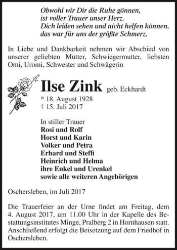 Traueranzeige von Ilse Zink (geb. Eckhardt)  von Magdeburger Volksstimme