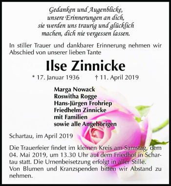 Traueranzeige von Ilse Zinnicke  von Magdeburger Volksstimme