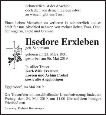 Traueranzeige von Ilsedore Erxleben (geb. Schumann)  von Magdeburger Volksstimme
