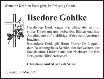 Traueranzeige von Ilsedore Gohlke  von Magdeburger Volksstimme