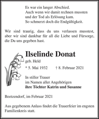 Traueranzeige von Ilselinde Donat (geb. Held)  von Magdeburger Volksstimme