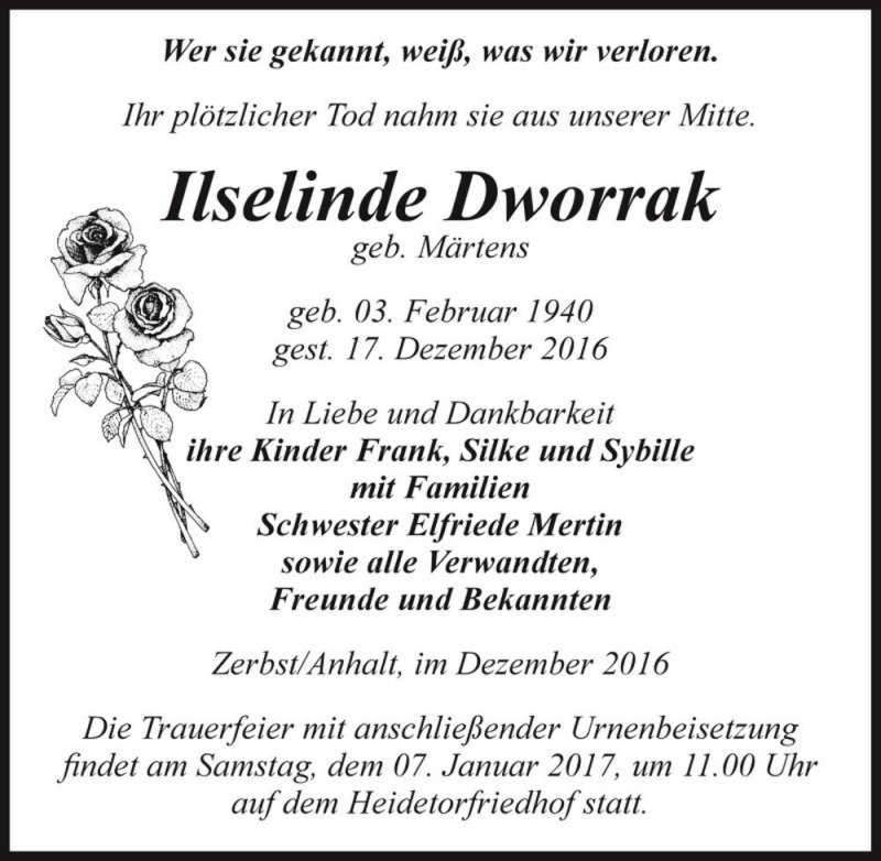  Traueranzeige für Ilselinde Dworrak  vom 24.12.2016 aus Magdeburger Volksstimme