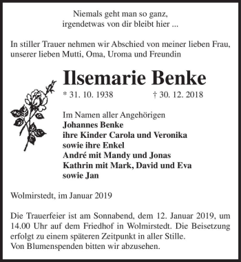 Traueranzeige von Ilsemarie Benke  von Magdeburger Volksstimme