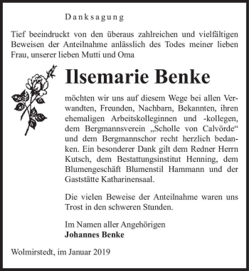 Traueranzeige von Ilsemarie Benke  von Magdeburger Volksstimme