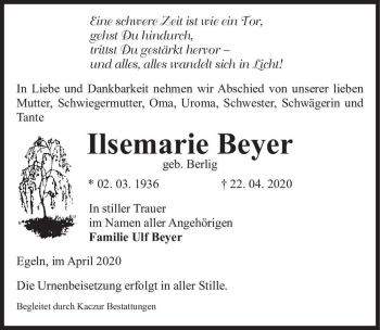 Traueranzeige von Ilsemarie Beyer (geb. Berlig)  von Magdeburger Volksstimme