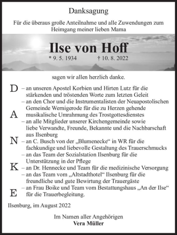Traueranzeige von Ilse von Hoff  von Magdeburger Volksstimme