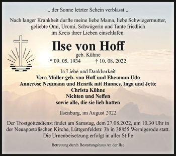 Traueranzeige von Ilse von Hoff (geb. Kühne)  von Magdeburger Volksstimme