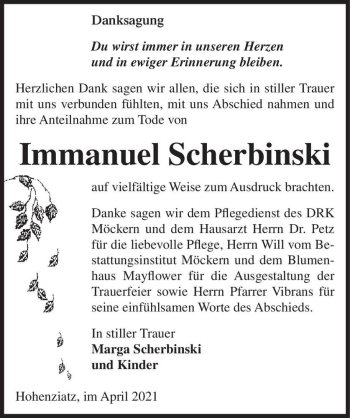 Traueranzeige von Immanuel Scherbinski  von Magdeburger Volksstimme
