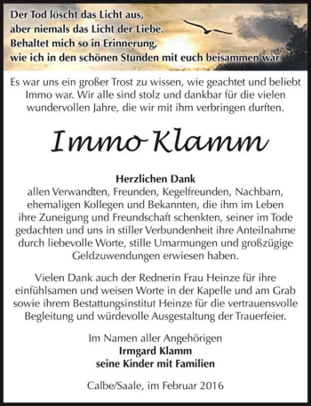 Traueranzeige von Immo Klamm  von Magdeburger Volksstimme