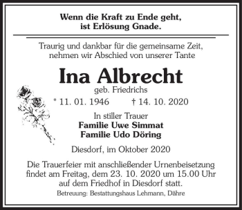 Traueranzeige von Ina Albrecht (geb. Friedrichs)  von Magdeburger Volksstimme