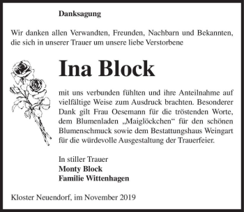 Traueranzeige von Ina Block  von Magdeburger Volksstimme