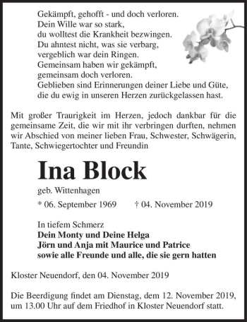 Traueranzeige von Ina Block (geb. Wittenhagen)  von Magdeburger Volksstimme