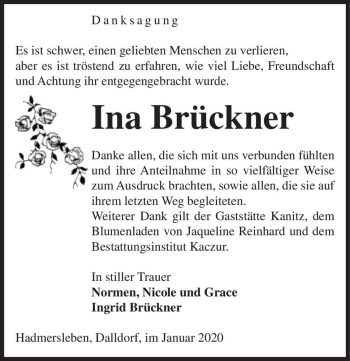 Traueranzeige von Ina Brückner  von Magdeburger Volksstimme
