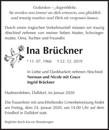 Traueranzeige von Ina Brückner  von Magdeburger Volksstimme