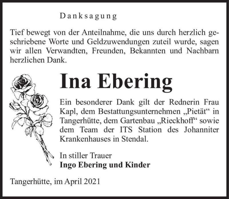  Traueranzeige für Ina Ebering  vom 13.04.2021 aus Magdeburger Volksstimme