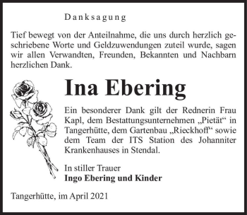 Traueranzeige von Ina Ebering  von Magdeburger Volksstimme
