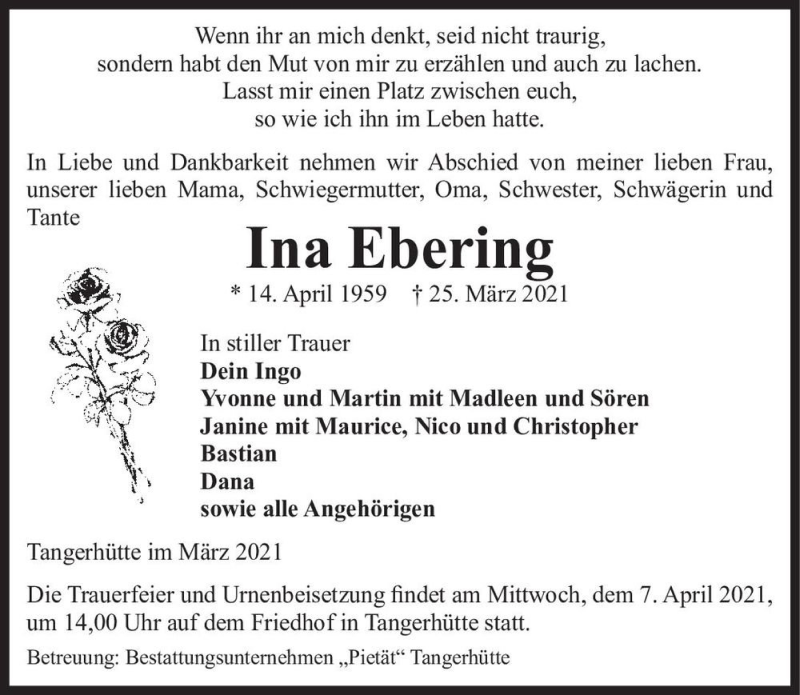  Traueranzeige für Ina Ebering  vom 30.03.2021 aus Magdeburger Volksstimme