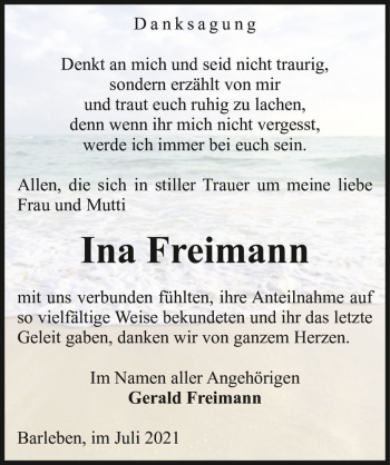 Traueranzeige von Ina Freimann  von Magdeburger Volksstimme