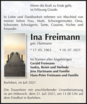 Traueranzeige von Ina Freimann (geb. Hartmann)  von Magdeburger Volksstimme
