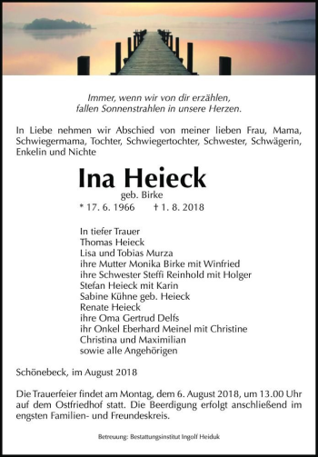Traueranzeige von Ina Heieck (geb. Birke)  von Magdeburger Volksstimme