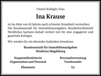 Traueranzeige von Ina Krause  von Magdeburger Volksstimme