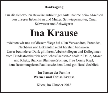 Traueranzeige von Ina Krause  von Magdeburger Volksstimme