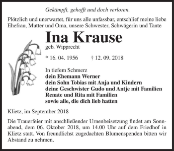 Traueranzeige von Ina Krause (geb. Wipprecht)  von Magdeburger Volksstimme
