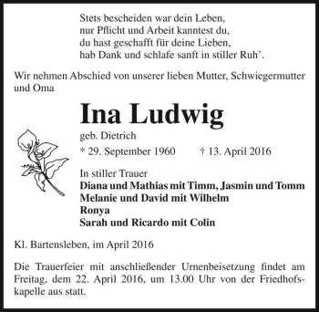 Traueranzeige von Ina Ludwig (geb. Dietrich)  von Magdeburger Volksstimme