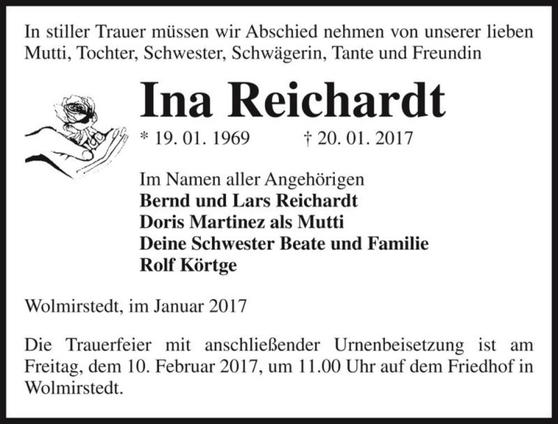  Traueranzeige für Ina Reichardt  vom 28.01.2017 aus Magdeburger Volksstimme