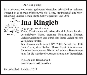 Traueranzeige von Ina Ringleb  von Magdeburger Volksstimme