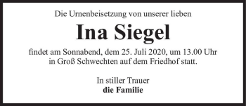 Traueranzeige von Ina Siegel  von Magdeburger Volksstimme