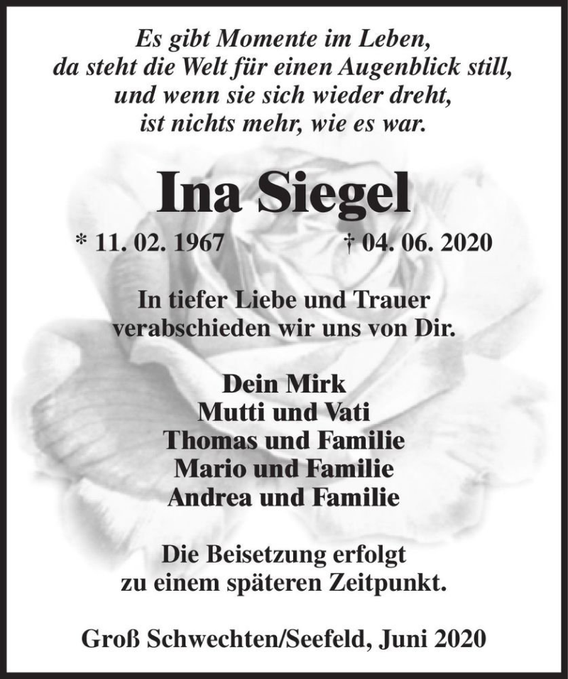  Traueranzeige für Ina Siegel  vom 13.06.2020 aus Magdeburger Volksstimme