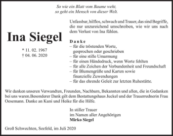 Traueranzeige von Ina Siegel  von Magdeburger Volksstimme