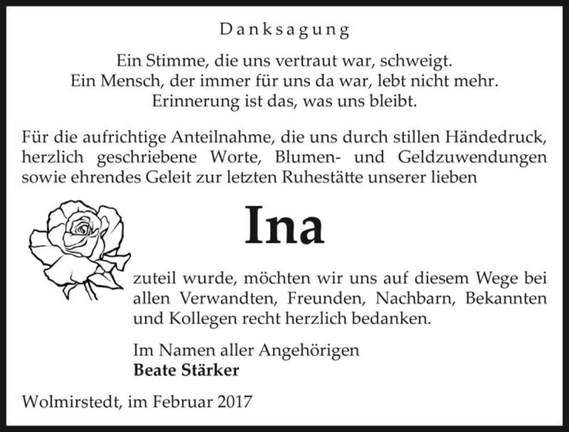  Traueranzeige für Ina Stärker  vom 18.02.2017 aus Magdeburger Volksstimme
