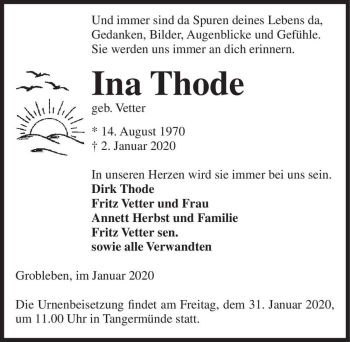 Traueranzeige von Ina Thode (geb. Vetter)  von Magdeburger Volksstimme