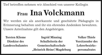 Traueranzeige von Ina Volckmann  von Magdeburger Volksstimme