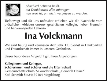 Traueranzeige von Ina Volckmann  von Magdeburger Volksstimme